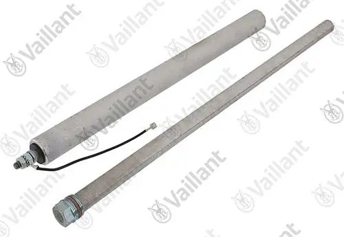Vaillant Anoden in zwei unterschiedlichen Größen mit Gewinden an den Enden. Diese Komponenten sind typischerweise in Heizsystemen zu finden.